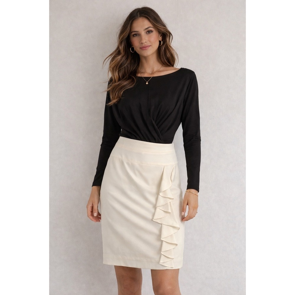 White House Black Market Cream Ruffle Pencil Skirt Size 0 Off White Career
